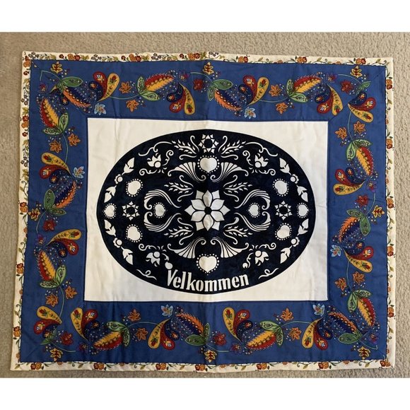 Vintage Quilt DANISH Handmade *VELKOMMEN* Wall Hanging24" x 30"Openwork BOHO
